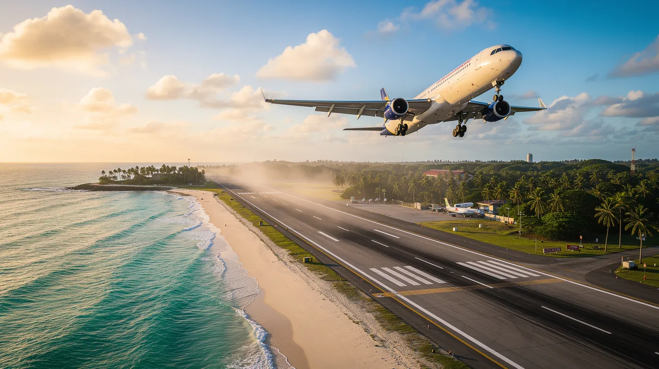 A commercial airplane is seen approaching the runway of Key West International Airport, with a picturesque tropical coastline and palm trees visible in the background. This scene captures the essence of travel to the Florida Keys, where travelers can find great flight deals and enjoy a tropical climate.