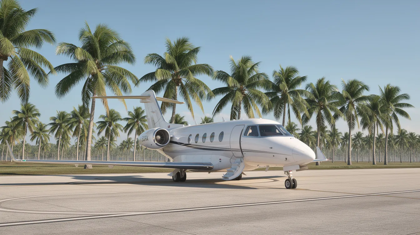 A small private jet is parked on the tarmac at Key West International Airport, surrounded by lush palm trees under a clear blue sky, creating a picturesque scene typical of this tropical island. This image captures the serene atmosphere that travelers can expect when flying to Key West.