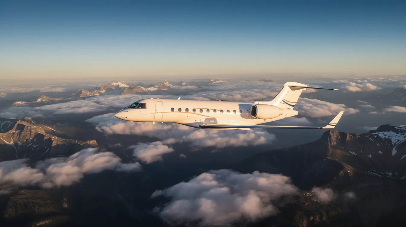 A private jet soars gracefully above a sea of scattered clouds, with a breathtaking mountainous landscape visible below. This scene captures the essence of private aviation, highlighting the beauty and luxury associated with private jet ownership and travel.