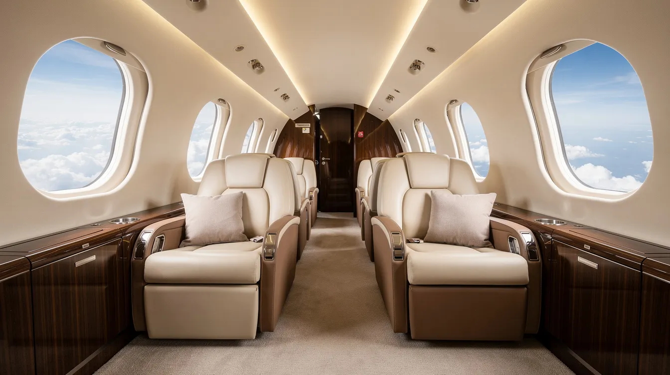 The image depicts the interior of a spacious private jet cabin, featuring luxurious leather seating and large windows that reveal a view of fluffy clouds outside. This setting exemplifies the comfort and elegance associated with private aviation, highlighting the significant investment involved in private jet ownership and its associated operating costs.
