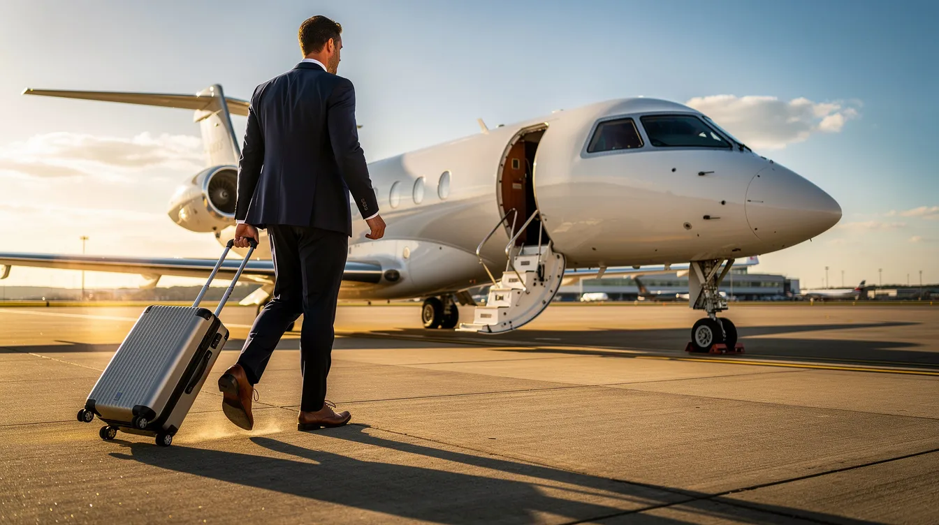 A business traveler is walking toward a private jet on the tarmac, pulling a rolling suitcase behind them. This scene highlights the convenience of private jet travel, which often involves substantial operating costs, including maintenance and crew salaries, for those considering aircraft ownership.