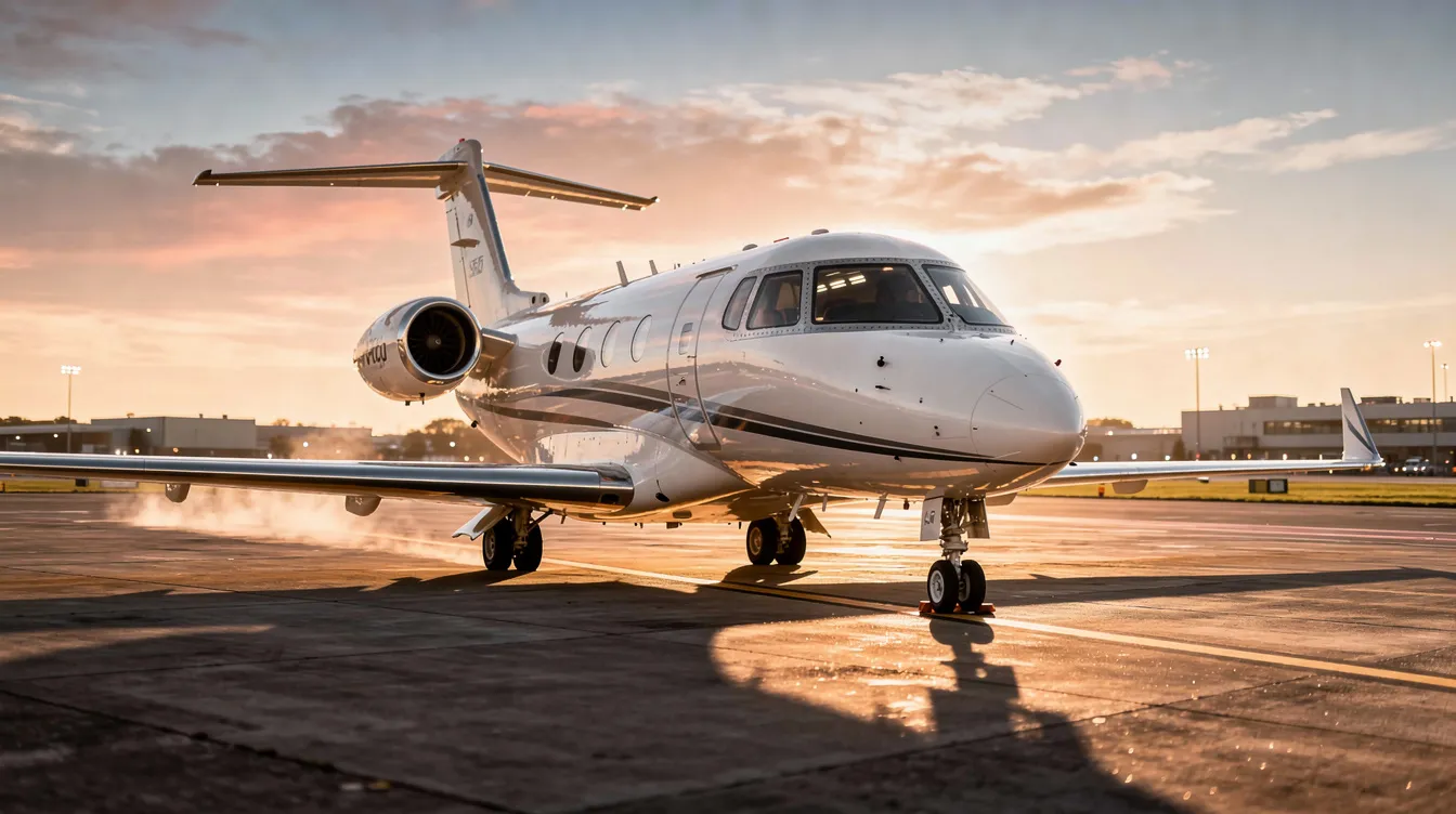 A sleek midsize private jet is parked on the tarmac, bathed in the warm glow of golden hour light. The scene captures the essence of luxury travel, ideal for business travelers seeking convenient access to popular private jet routes in the Twin Cities.