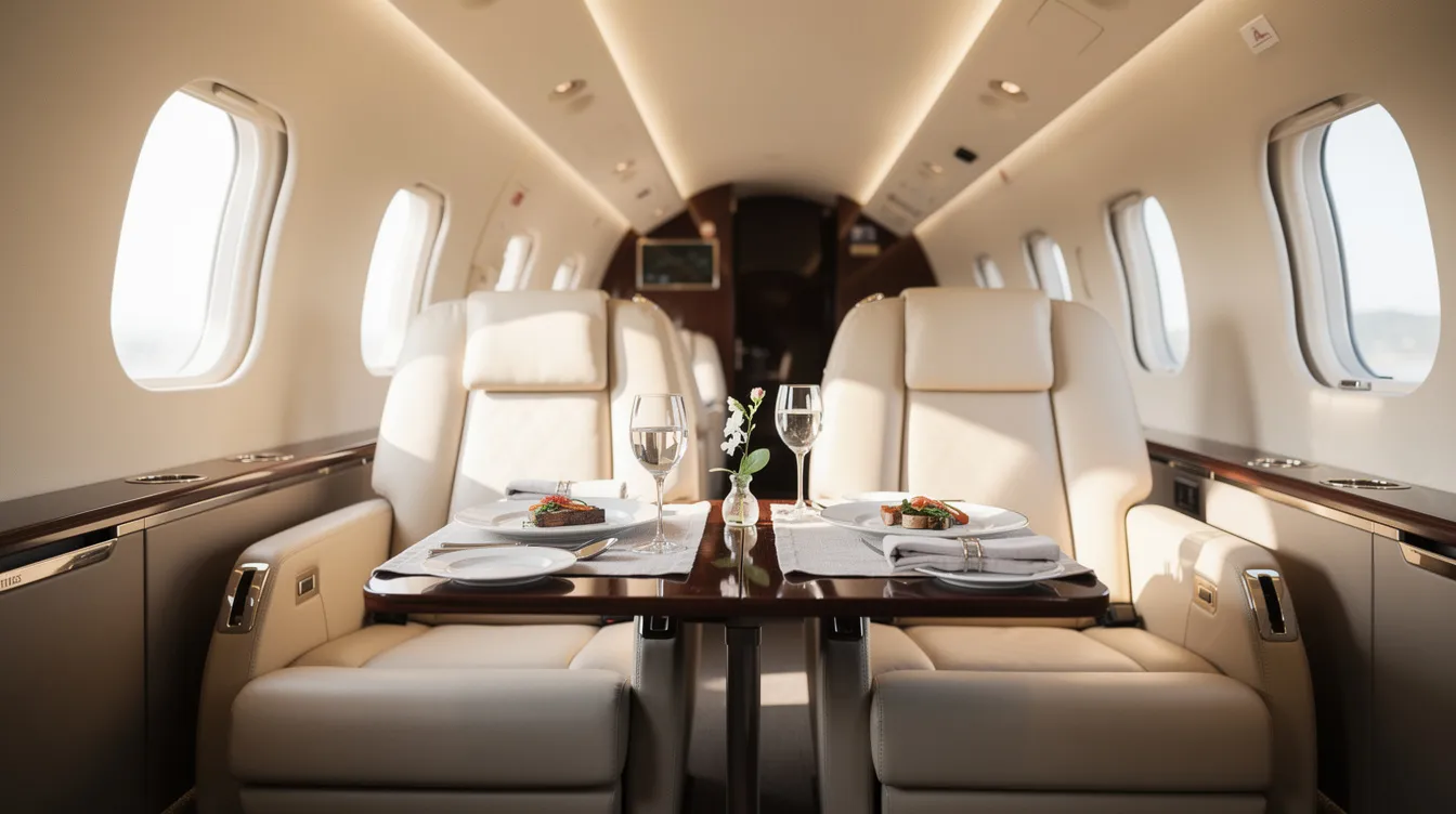 The image depicts the luxurious interior of a private jet cabin, featuring plush leather seats and a small table elegantly set for an in-flight meal. This serene environment is perfect for business travelers flying on popular private jet routes from Minneapolis, ensuring a comfortable and relaxed journey.