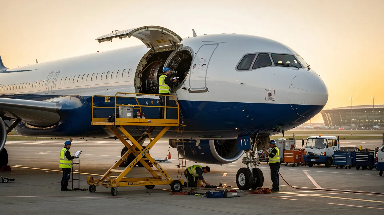 The image depicts an aircraft undergoing maintenance inside a hangar, showcasing technicians performing repairs and inspections on various systems. Maintenance costs are a crucial aspect of aircraft operating costs, which include labor, fuel, and parts like filters and oil for optimal performance.