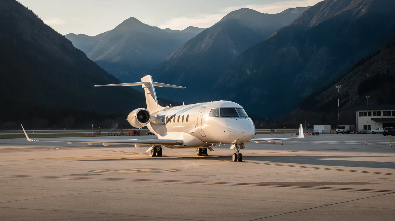 A sleek private jet is parked on the tarmac of a small regional airport, surrounded by majestic mountains, evoking a sense of luxury travel. This scene captures the essence of air travel, where travelers can find cheap flights and book flights for both domestic and international trips.