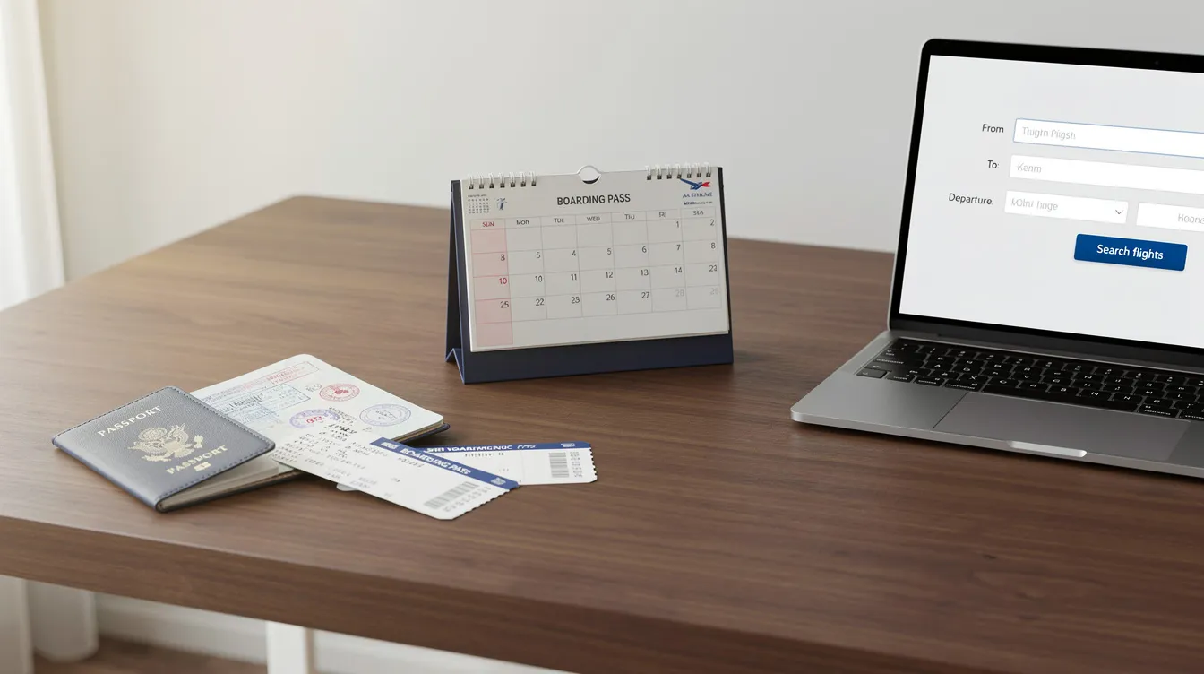 The image features a desk calendar placed next to a passport and boarding passes, with a laptop open to a flight search tool displaying options to find cheap flights. This scene suggests planning for upcoming international trips and highlights the importance of tracking flight prices for the best deals on plane tickets.