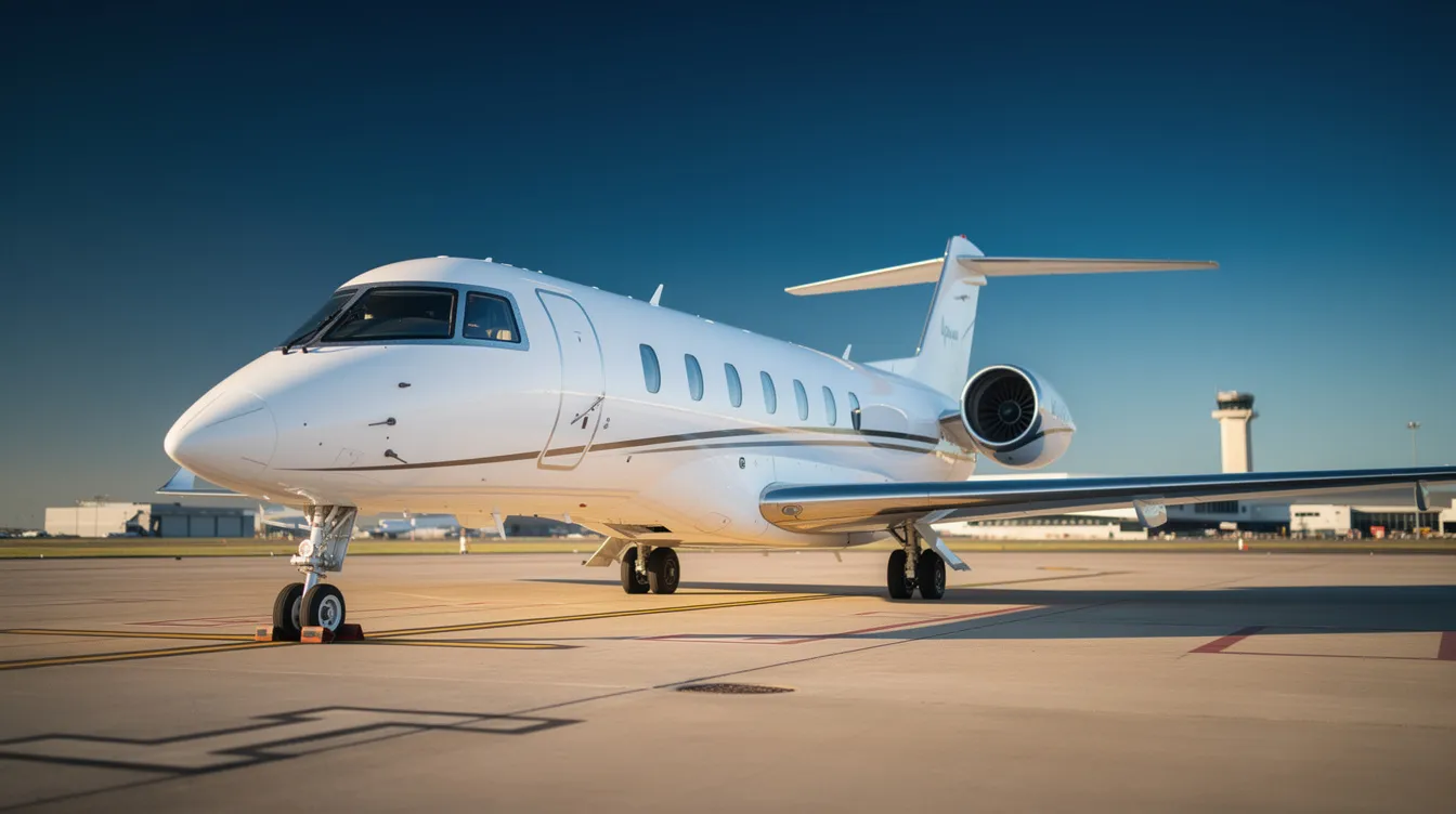 A sleek private jet is parked on a tarmac under a clear blue sky, showcasing luxury air travel. This image reflects the high-end experience of booking airline tickets for business travelers or those seeking holiday flights.