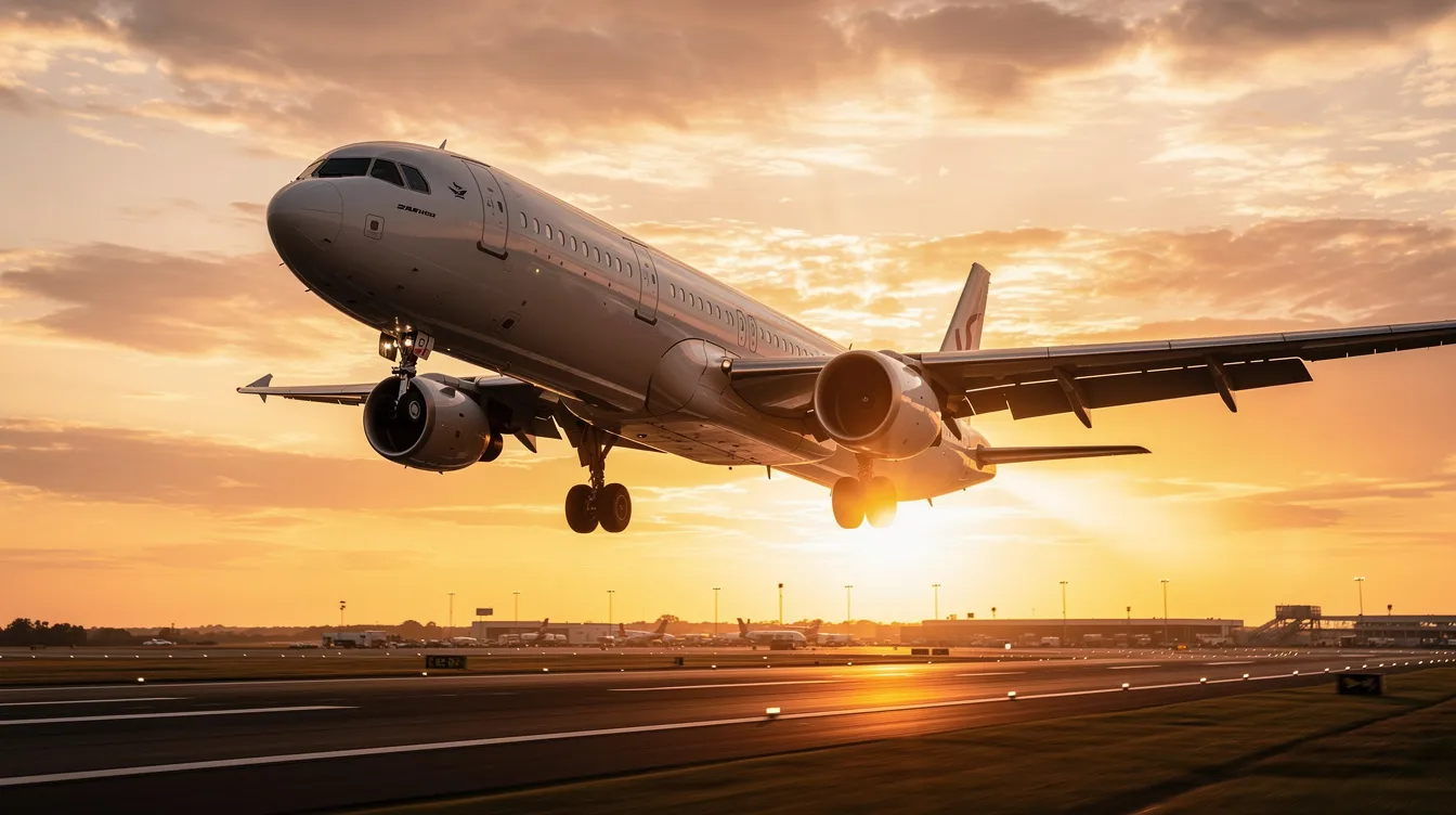 A commercial airplane descends gracefully against a stunning golden sunset sky, symbolizing the excitement of air travel as it prepares to land. This scene captures the essence of booking flights for holiday trips or planning international travel, evoking the anticipation of reaching a destination.
