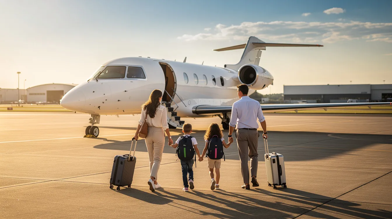 A family is walking toward a small private jet on a sunny tarmac, ready for their journey. This scene captures the excitement of air travel, where they may be looking for the best deals on airline tickets or planning to book flights for their next adventure.