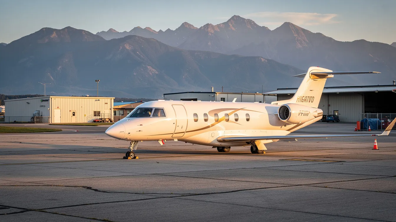 A sleek private jet is parked on the tarmac of a small regional airport, with majestic mountains rising in the background. This scene captures the essence of air travel, highlighting the luxury of private flights amidst the beauty of nature, ideal for business travelers looking to book flights to various destinations.