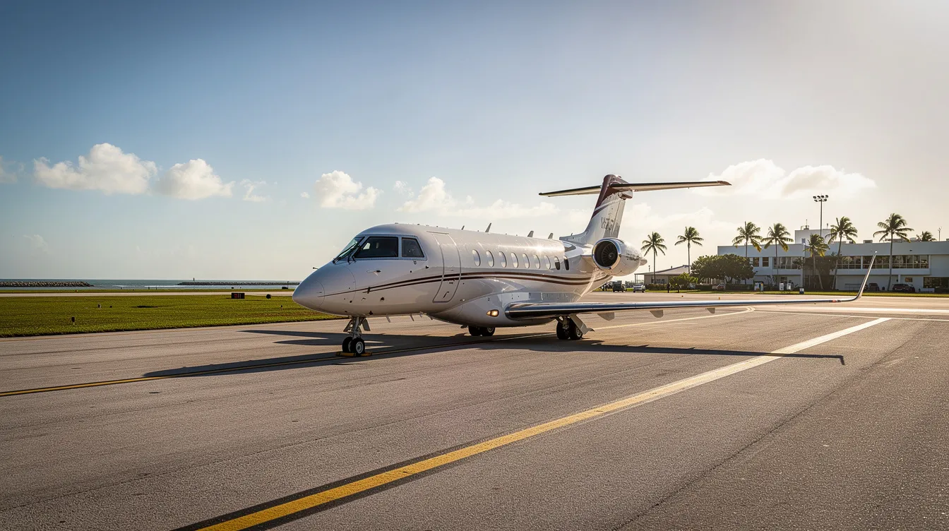 A small private jet is parked on a sunny tarmac at Fort Walton Beach Airport, located on the beautiful Emerald Coast of Florida. The scene captures the essence of general aviation with a clear blue sky, emphasizing the airport's role in serving travelers heading to popular destinations like Destin and Panama City.