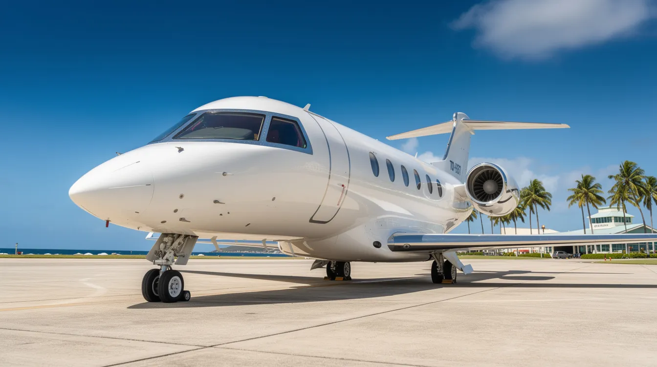 A sleek private jet, part of one of the largest fleets in South Florida, is parked on a sunlit tarmac at a coastal airport, surrounded by palm trees. This scene embodies the luxury and seamless travel experience offered by a premier private aviation company, perfect for aircraft owners seeking peace and personalized itineraries.