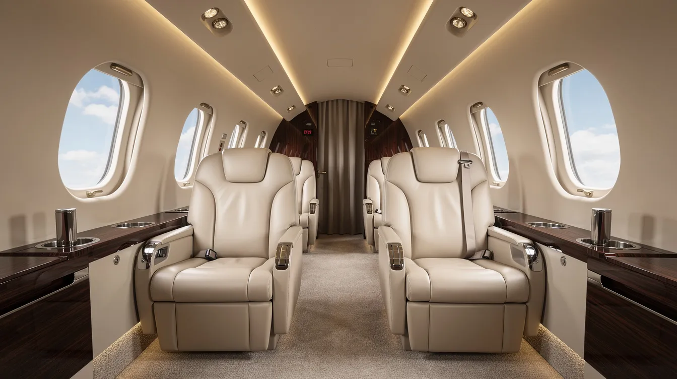 The image depicts the interior of a spacious private jet cabin featuring cream leather seats arranged in a club configuration, complemented by large oval windows that allow ample natural light. This luxurious setting exemplifies the offerings of a premier private aviation company, providing aircraft owners with a serene travel experience.