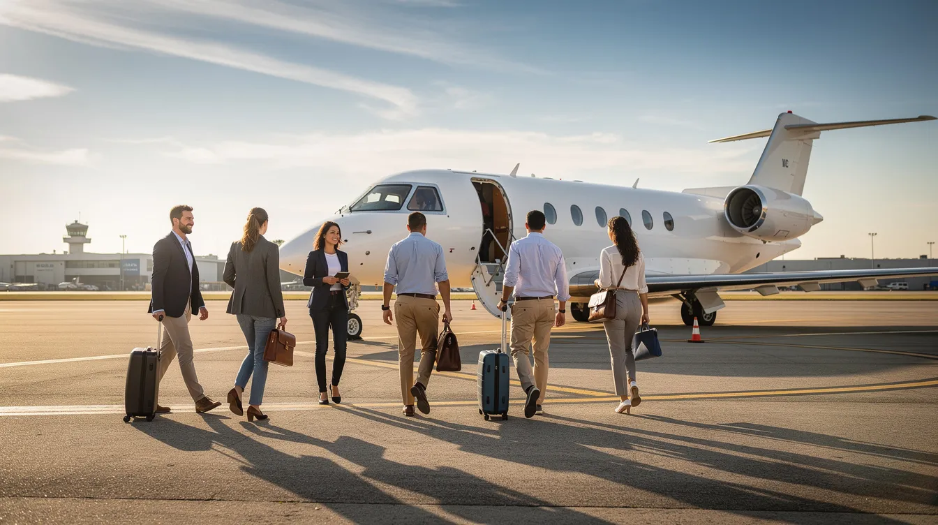 A group of business travelers in casual professional attire walks towards a sleek white private jet on a sunny runway in West Palm Beach, FL. This scene captures the essence of seamless on-demand travel offered by a premier private aviation company, highlighting the convenience and luxury of boutique private aviation.