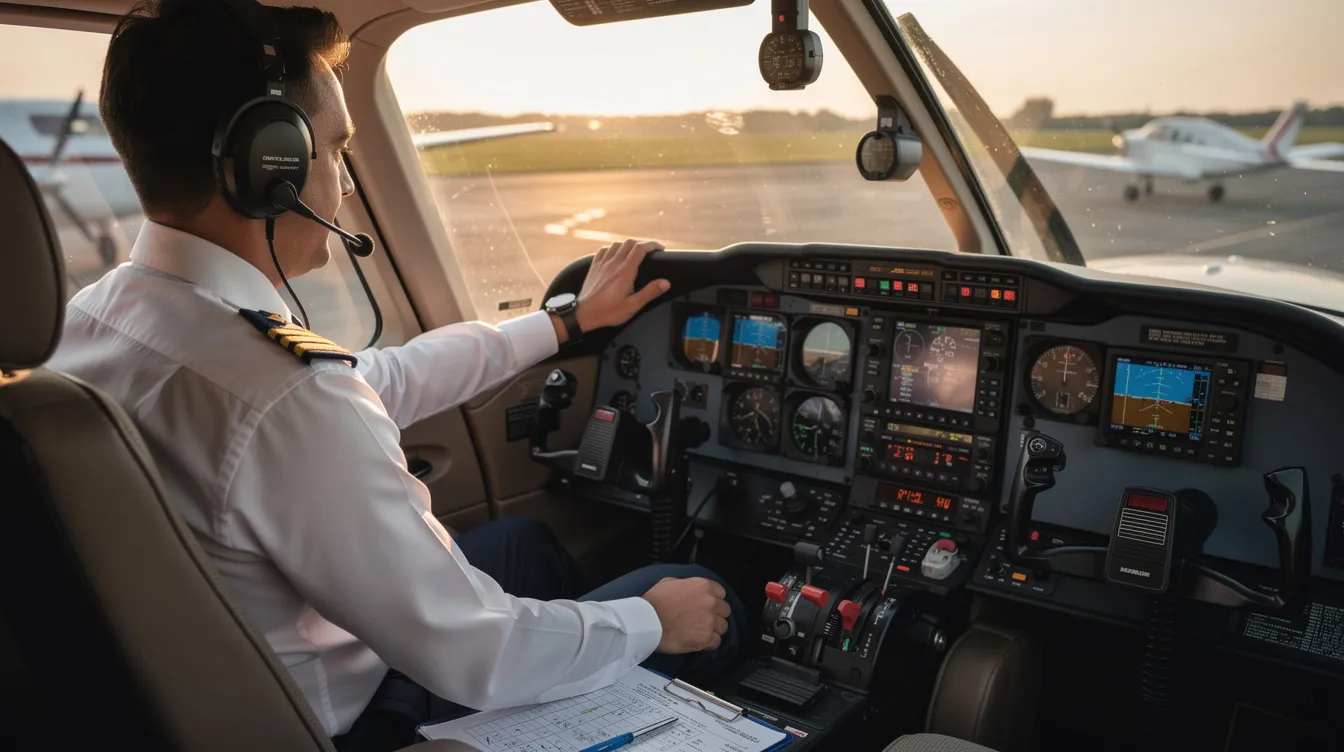 A pilot is seated in the cockpit of a small single-engine turboprop aircraft, conducting pre-flight checks to ensure the aircraft is ready for flight. This scene exemplifies the dedication to safety and precision that is a hallmark of martinaire aviation, a Texas-based air cargo carrier.