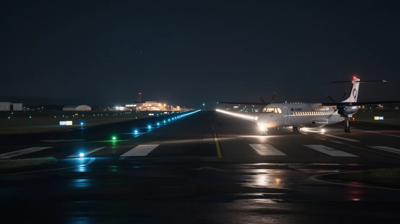 A small regional airport at night features illuminated runway lights as a turboprop aircraft taxis along the runway. This scene captures the essence of aviation operations, highlighting the activity of air cargo carriers like Martinaire Aviation, based in Texas.