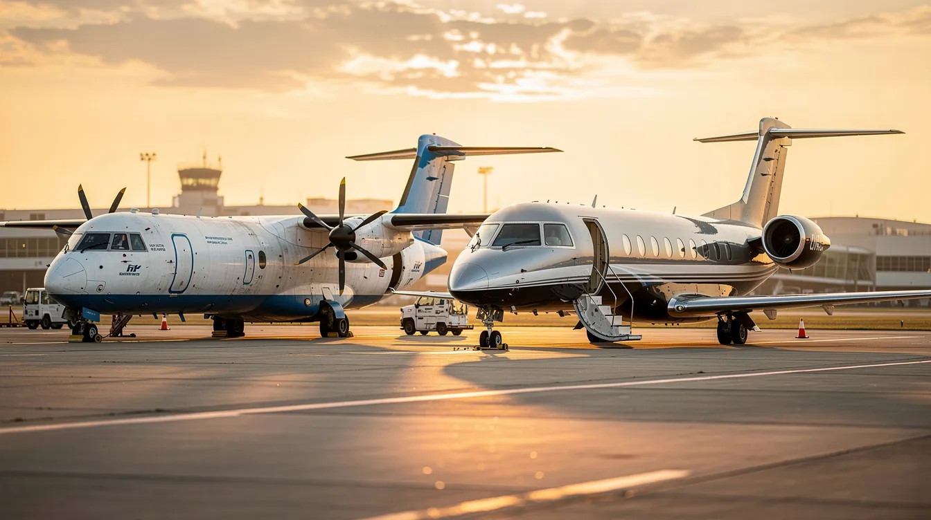 A cargo turboprop and a private passenger jet are parked side by side on an airport tarmac, showcasing the diverse fleet of aircraft typical at a Texas-based aviation company like Martinaire Aviation LLC. The scene highlights the operations of both air cargo carriers and private aviation, emphasizing the importance of aircraft maintenance and support in the industry.