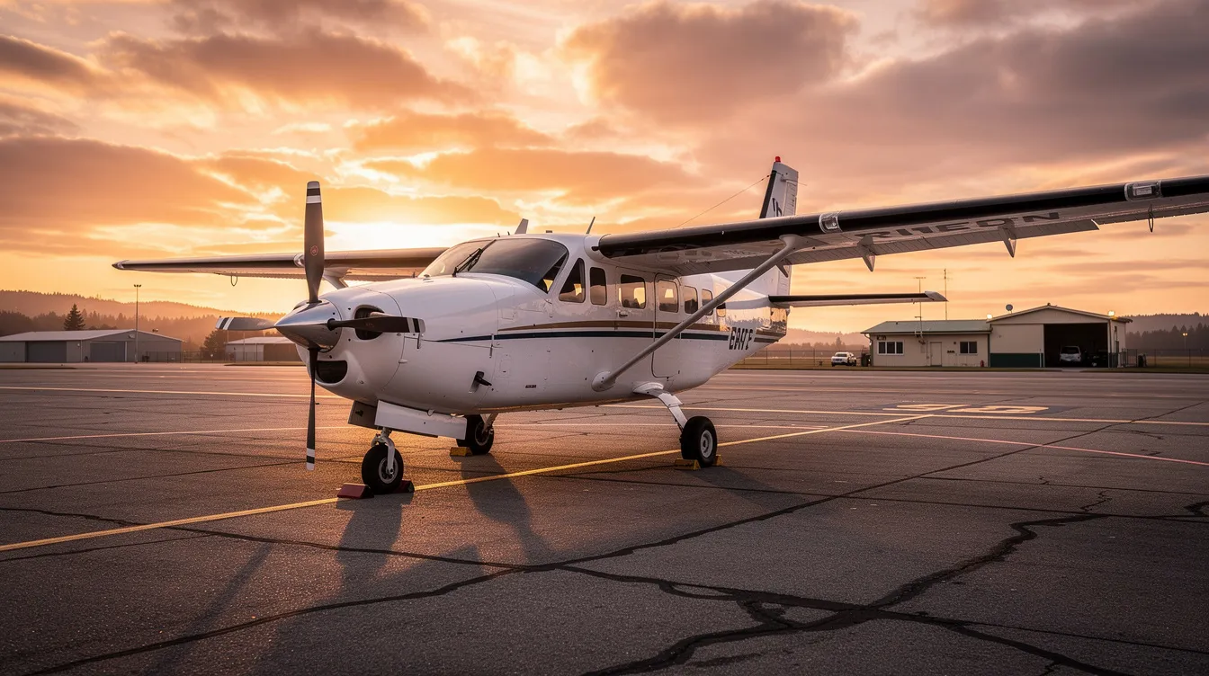 A Cessna 208B Caravan turboprop aircraft is parked on the tarmac of a small regional airport, silhouetted against a vibrant sunset sky. This scene captures the essence of aviation, showcasing the aircraft's sleek design and hinting at the operations of Martinaire Aviation LLC, a Texas-based air cargo carrier.