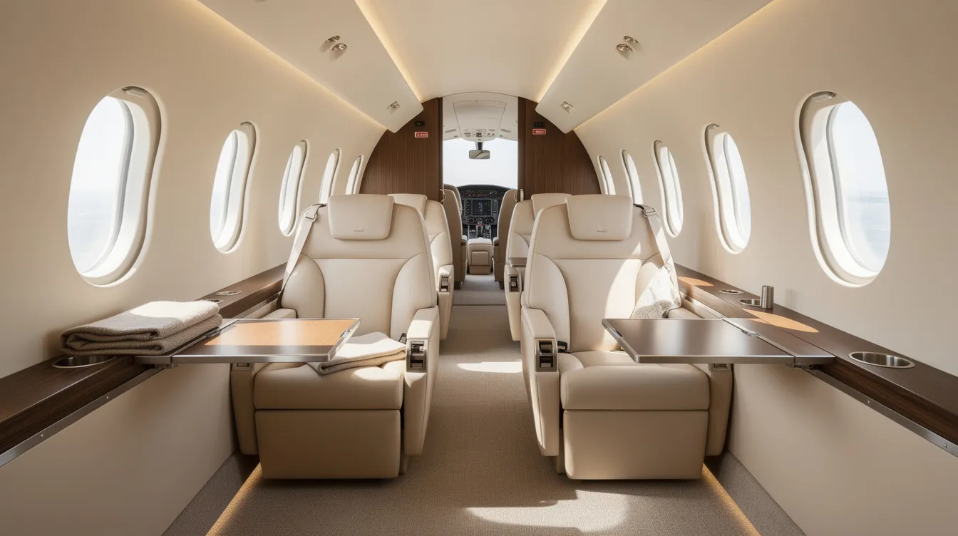 The image depicts the interior of a modern private jet cabin, featuring luxurious leather seats and ample natural light streaming through large windows, creating an inviting atmosphere for passengers. This private jet, ideal for private aviation travel, offers a comfortable and stylish environment for those journeying to major airports like JFK or Newark Liberty International Airport.