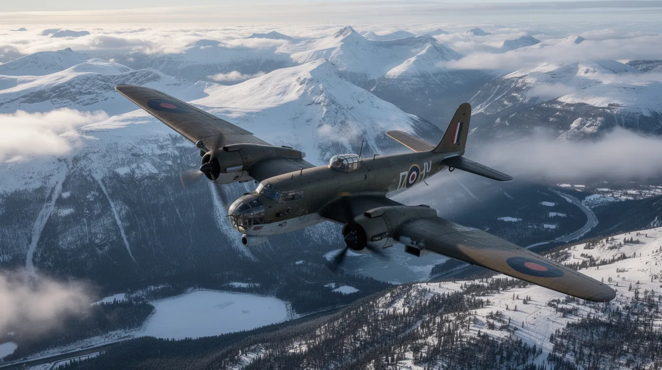 A vintage twin-engine military bomber aircraft gracefully soars over a breathtaking snowy Scandinavian mountain landscape, showcasing its design and engineering prowess. This aircraft, reminiscent of historical missions, embodies the capability and strategic importance of military forces in the world.