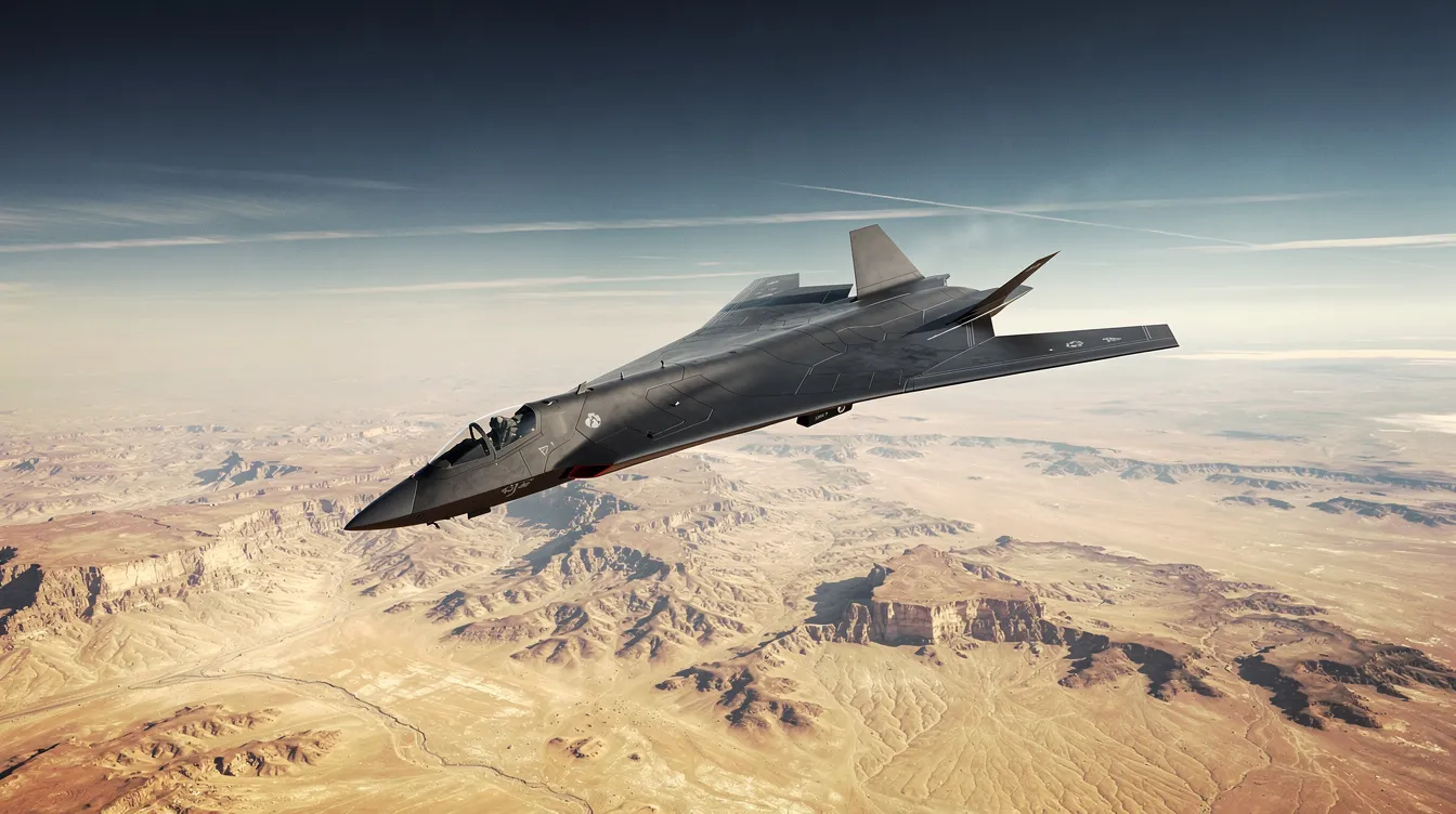 A futuristic stealth bomber aircraft, resembling the Northrop Grumman B-2, is soaring high above a vast desert landscape, showcasing its advanced technology and strategic flight capabilities. This military aircraft is designed to penetrate air defenses, supporting missions with its impressive range and stealth features.