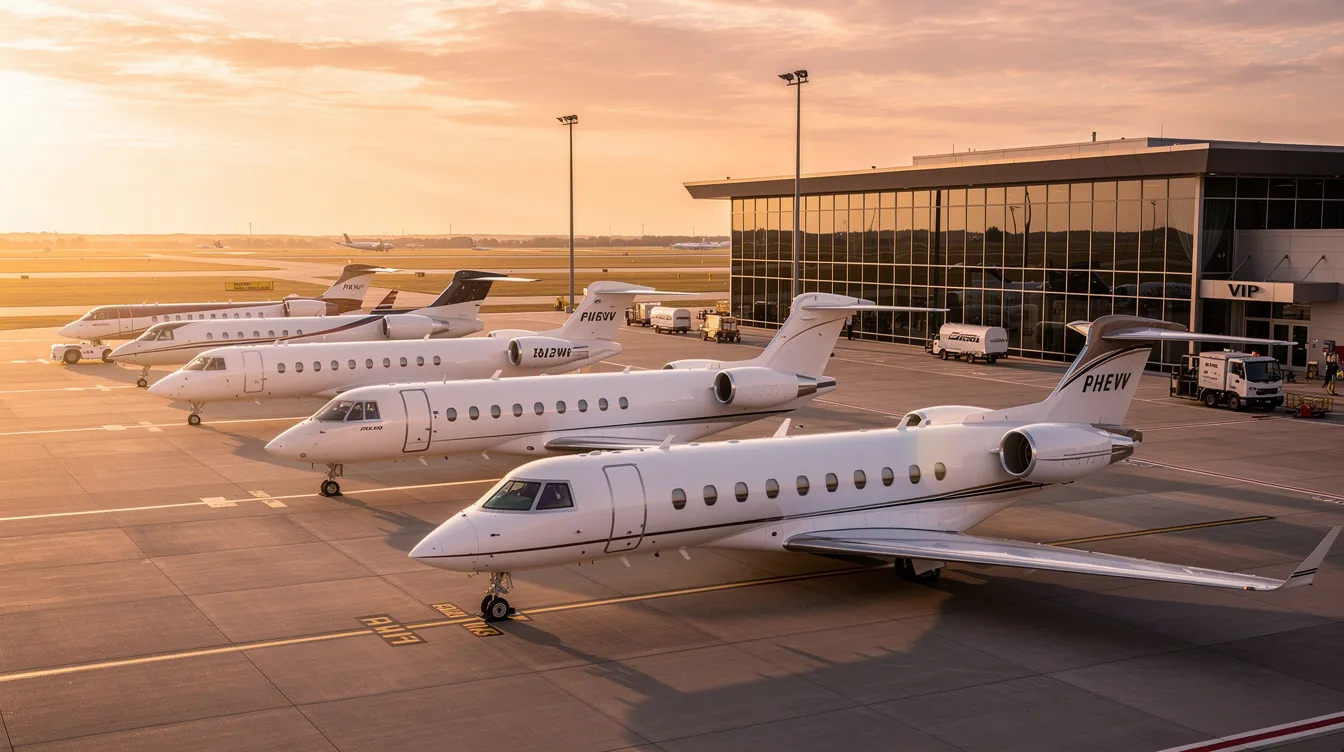 The image depicts multiple private business jets lined up at a busy private aviation terminal during golden hour, showcasing the luxurious netjets fleet. The warm light highlights the sleek designs of the executive jets, emphasizing the appeal of fractional ownership in private jet aviation.