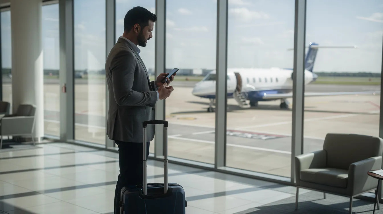 A traveler is using a smartphone near a private aviation terminal, with a small executive jet from the NetJets fleet visible through the window, highlighting the convenience of fractional ownership in private jet aviation. The scene captures the essence of luxury travel as the traveler prepares for their journey.