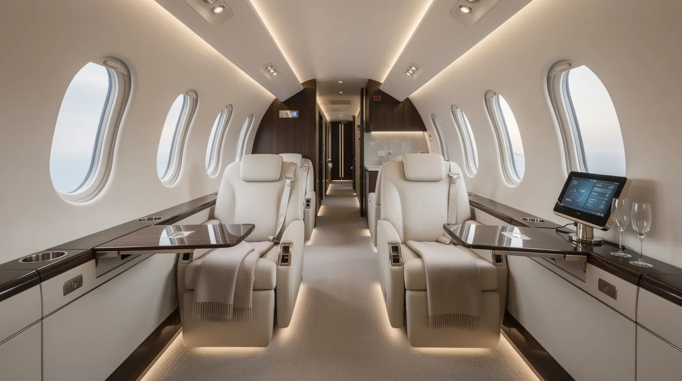 The image depicts the interior of a modern private jet cabin featuring luxurious leather seats and soft ambient lighting, designed for discerning travelers seeking an exceptional private travel experience. This elegant space highlights the key features of private aviation, ensuring comfort and safety for all passengers on board.