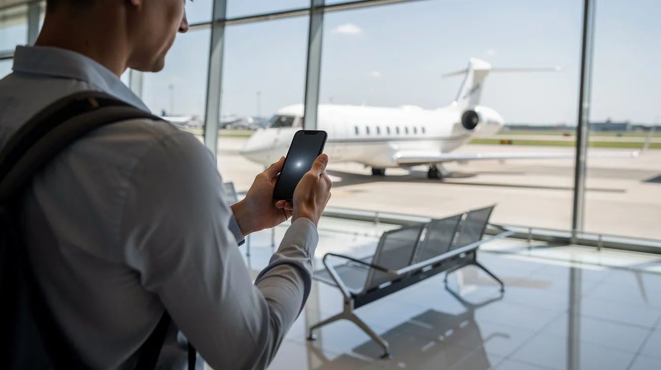A person is standing in an airport terminal, holding a smartphone that displays the netjets app, while a sleek private jet is visible through the window. This scene captures the essence of private aviation, highlighting the convenience and luxury of arranging travel solutions for discerning travelers.