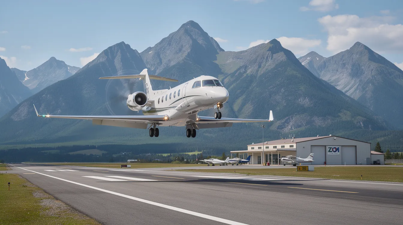 A light private jet is gracefully landing at a small regional airport, with majestic mountains in the background, symbolizing the allure of private aviation. This scene captures the essence of exceptional travel experiences, perfect for discerning travelers seeking seamless journeys.