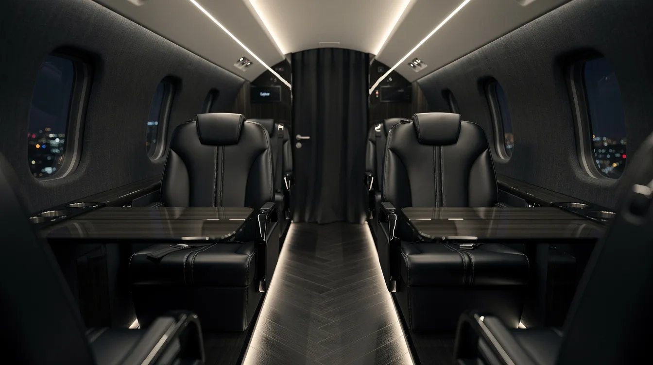 The image showcases a stylish interior of a sleek private jet, featuring a sophisticated combination of black and dark colors that exude luxury and elegance. This modern design reflects the high standards of private aviation, making it an ideal choice for those considering netjets jet card programs or fractional ownership options.