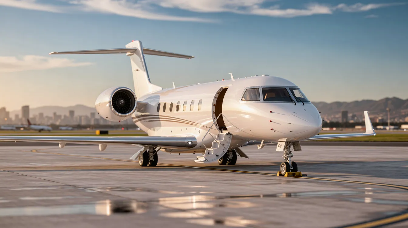 The image depicts a luxurious private jet parked at an airport, showcasing its sleek design and spacious cabin. This aircraft is part of a fleet that offers charter flights for business and leisure travelers, providing an exclusive flying experience with albatros air.