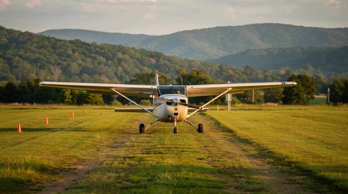 A small single-engine Cessna aircraft is parked on a grassy rural airstrip, surrounded by the rolling hills of the Appalachian region. This serene setting highlights the charm of general aviation and offers a glimpse into the world of charter flights and flight instruction.