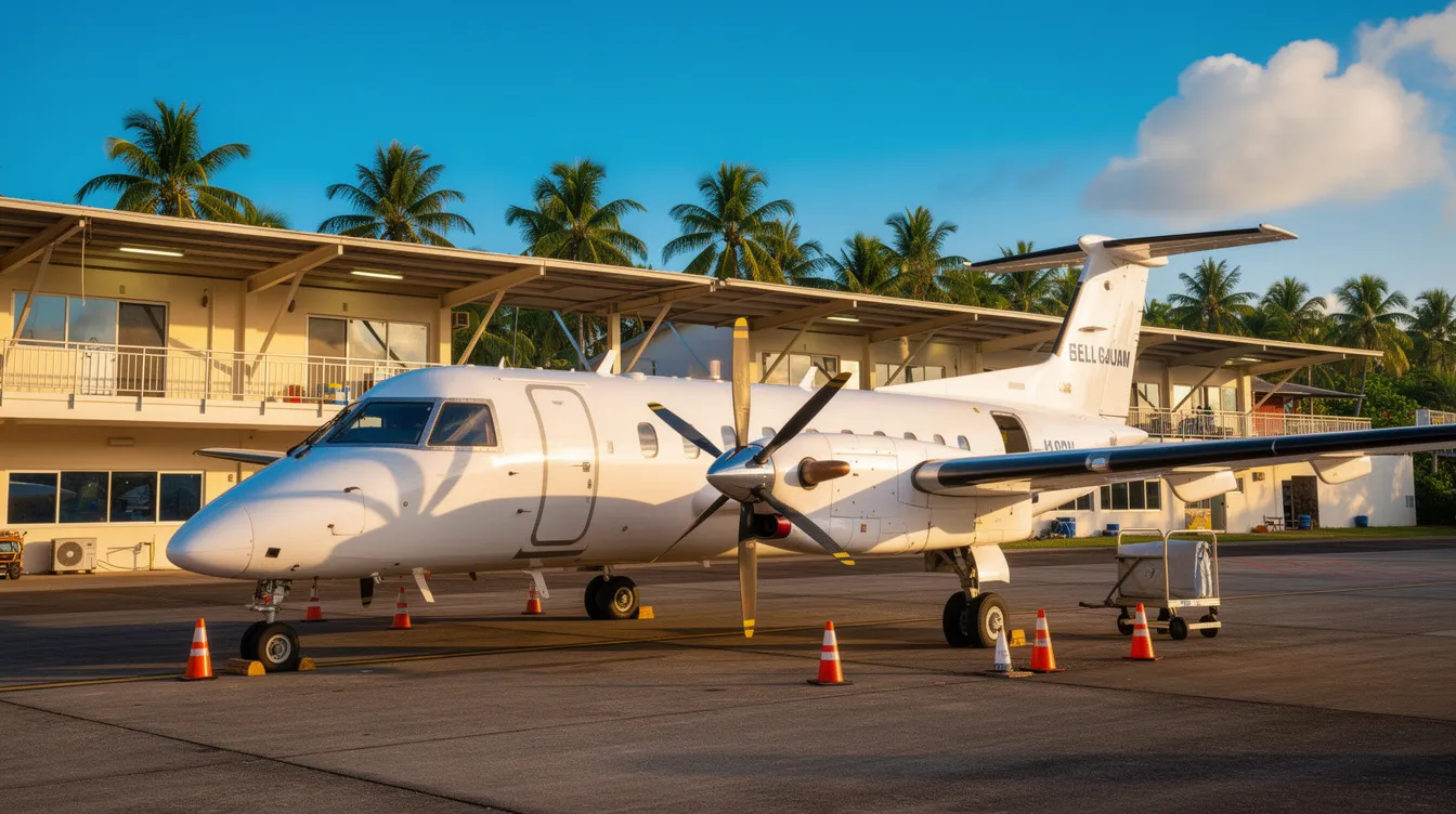 A small turboprop aircraft is parked at a tropical airport terminal, surrounded by lush palm trees, suggesting a warm getaway. This scene evokes the charm of charter flights operated by airlines like Albatros Air, connecting passengers to exotic destinations.