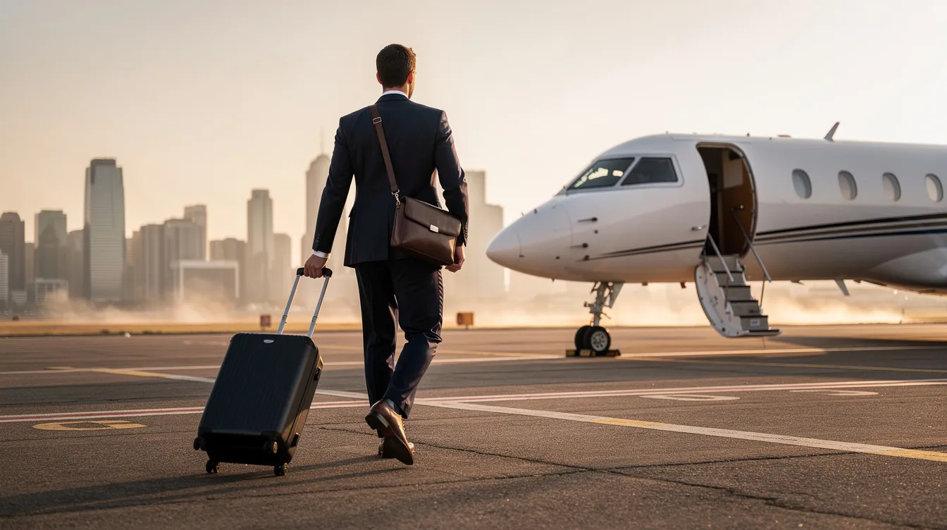 A business traveler in a sleek suit strides confidently toward a Dassault Falcon 900EX private jet on an airport ramp, with a vibrant city skyline visible in the background. The scene captures the essence of luxury travel and professionalism, emphasizing the aircraft's elegant tail design.