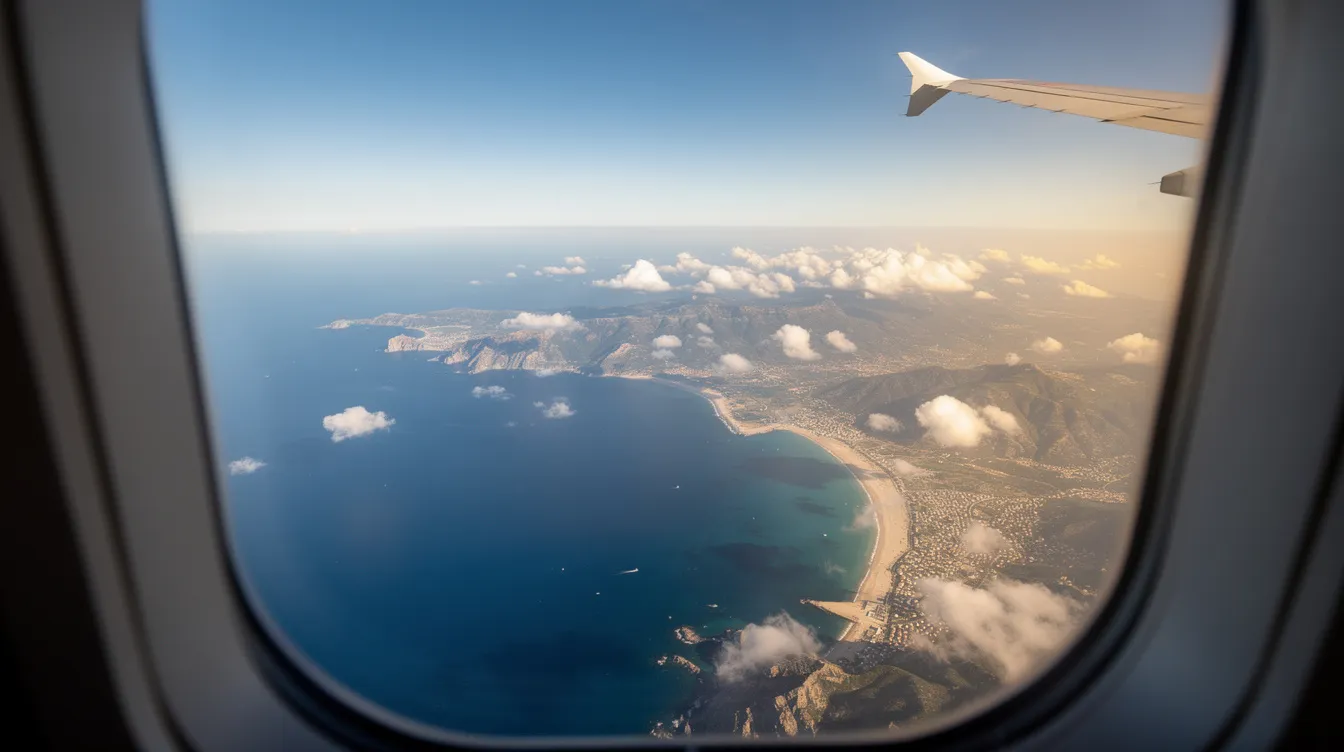 An aerial view captures the stunning Mediterranean coastline, showcasing its vibrant blue waters and rugged cliffs as seen from the window of a private jet, possibly a Dassault Falcon 900EX. The expansive landscape stretches out below, highlighting the beauty of the region from high altitude.