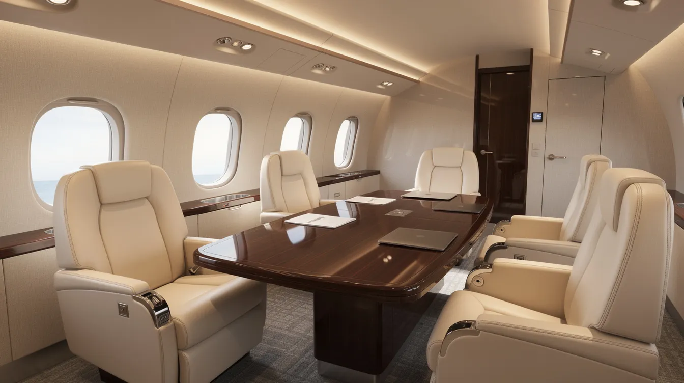 The image depicts the luxurious interior of a private jet cabin, featuring plush leather club seats arranged around a sleek wooden conference table, all illuminated by soft ambient lighting. This elegant setting exemplifies the comfort and sophistication of an aircraft like the Dassault Falcon 900EX, perfect for business meetings or relaxation.