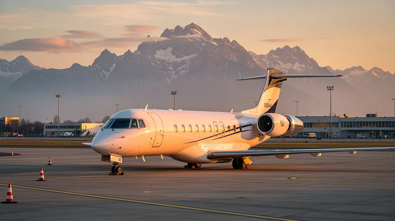 A tri-engine Dassault Falcon 900EX private jet is parked on a European airport tarmac during golden hour, with majestic mountains visible in the background. The warm glow of the setting sun highlights the aircraft's sleek design and tail, creating a stunning contrast against the serene landscape.