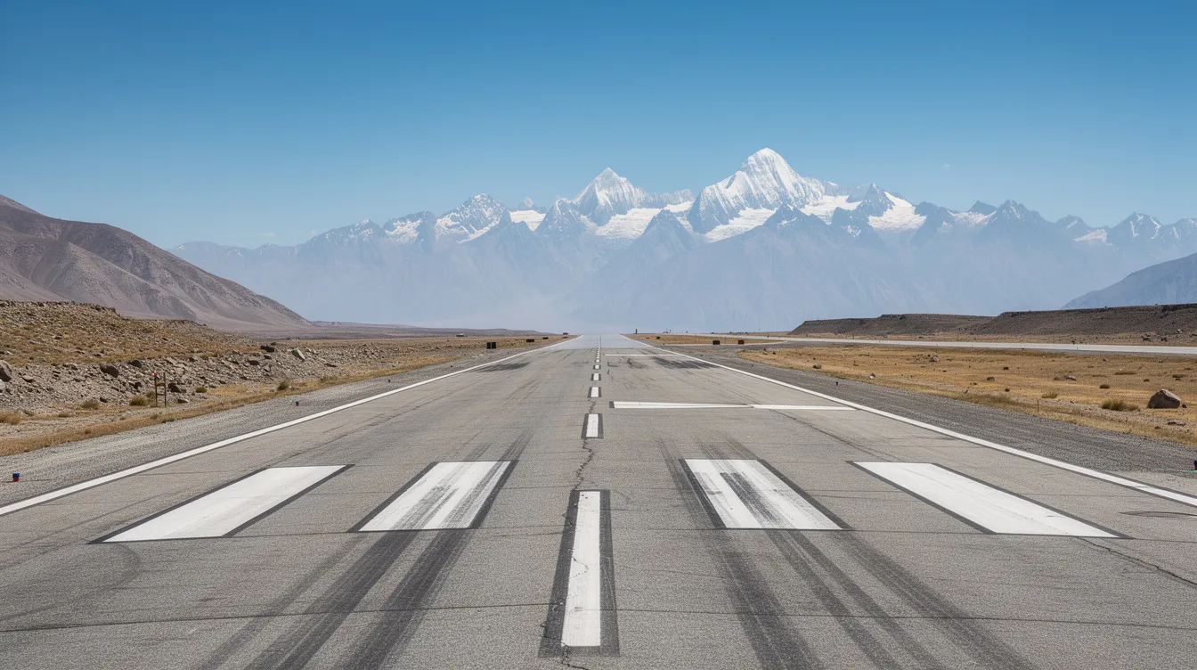 The image depicts an airport runway extending towards distant mountains beneath a clear sky, evoking a sense of high-altitude airfield. This scene suggests the takeoff speed of commercial aircraft like the Boeing 787, emphasizing the importance of runway length and takeoff performance in aviation.