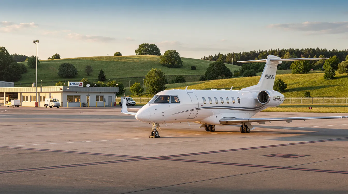 A small private jet is parked on the tarmac of a compact regional airport, with green hills providing a scenic backdrop. This aircraft, designed for efficient fuel consumption and optimal takeoff performance, showcases sleek lines and a modern cockpit display system, highlighting its advanced technology.