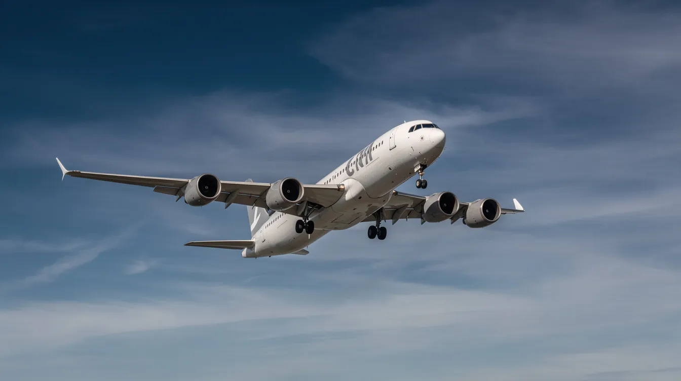 A modern Boeing 787 jet airliner is seen climbing through a clear blue sky, surrounded by wispy clouds, showcasing its sleek design and efficient fuel consumption. The aircraft's takeoff performance is highlighted as it ascends gracefully, demonstrating the impressive capabilities of contemporary widebody commercial aircraft.
