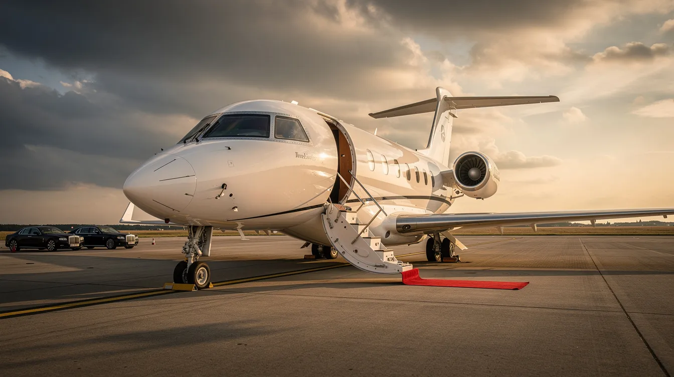 The image depicts a sleek Falcon 50 private aircraft parked at a luxurious airport in Fort Lauderdale, showcasing the high standards of true aviation charter services. This private aircraft represents a premium option for travelers seeking certified private aircraft charter and management services for their next trip.