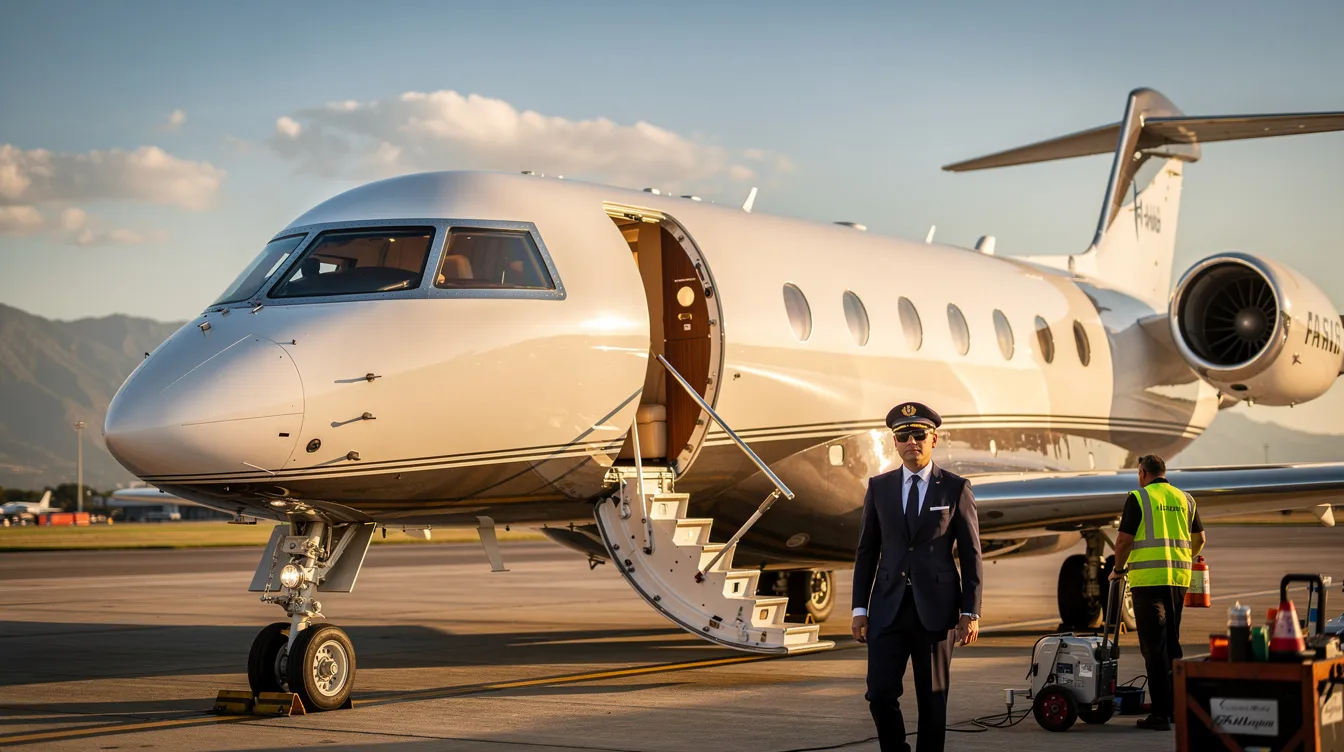 The image depicts a sleek Falcon 50 private aircraft parked at a luxurious airport in Fort Lauderdale, showcasing the high standards of true aviation charter services. This private aircraft represents a premium option for travelers seeking certified private aircraft charter and management services for their next trip.