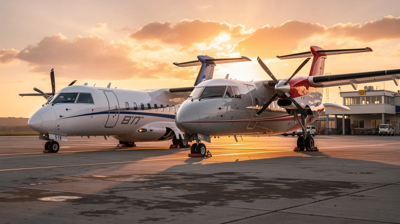 The image features two turboprop aircraft, specifically models like the King Air 200, parked side by side on a small regional airport tarmac at sunset, showcasing their sleek designs and propellers against the vibrant sky. This scene highlights the aircraft's capabilities in passenger comfort and performance, with the warm hues of the sunset creating a picturesque backdrop.