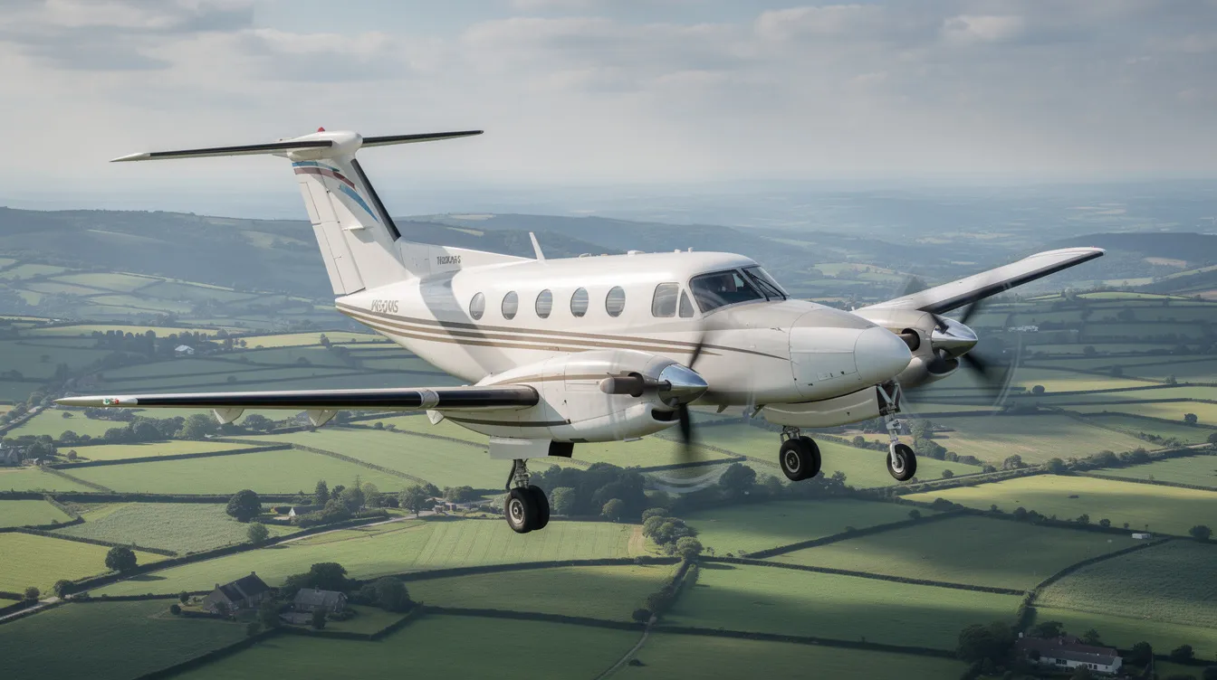 A Beechcraft King Air 200 twin-engine turboprop aircraft soars gracefully above lush green countryside, showcasing its impressive flight capabilities and fuel efficiency. This aircraft is designed for business travel, offering passenger comfort and reliable performance at high altitudes.