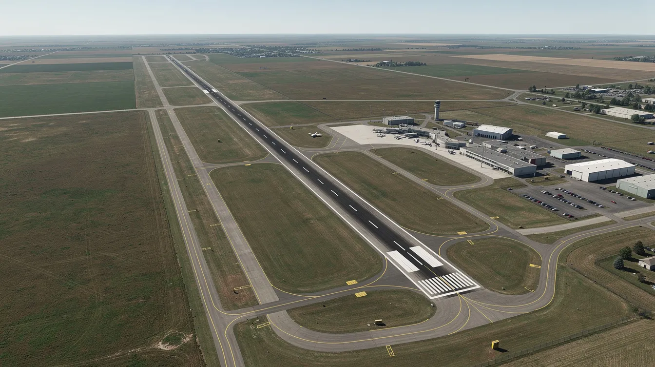 An aerial view captures a regional airport runway set amidst flat terrain, with scattered buildings nearby. This image highlights the operational area where aircraft, such as the King Air 200, take off and land, showcasing the essential infrastructure for aviation activities.