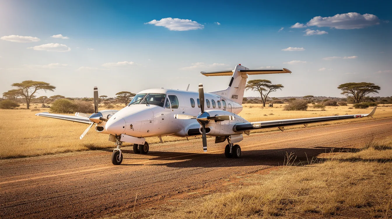A small white turboprop aircraft is parked on a short runway surrounded by the dry African savanna, with a clear blue sky overhead. This location is part of a scenic route, ideal for those planning a journey from Nairobi to Isiolo County in Kenya.