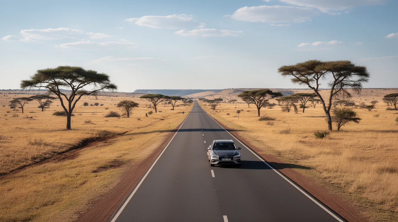 A car is driving along a straight paved highway through the Kenyan savanna, characterized by its scenic views and scattered acacia trees. This route connects Nairobi to Isiolo, offering a glimpse of the beautiful landscape that defines the journey through Isiolo County.