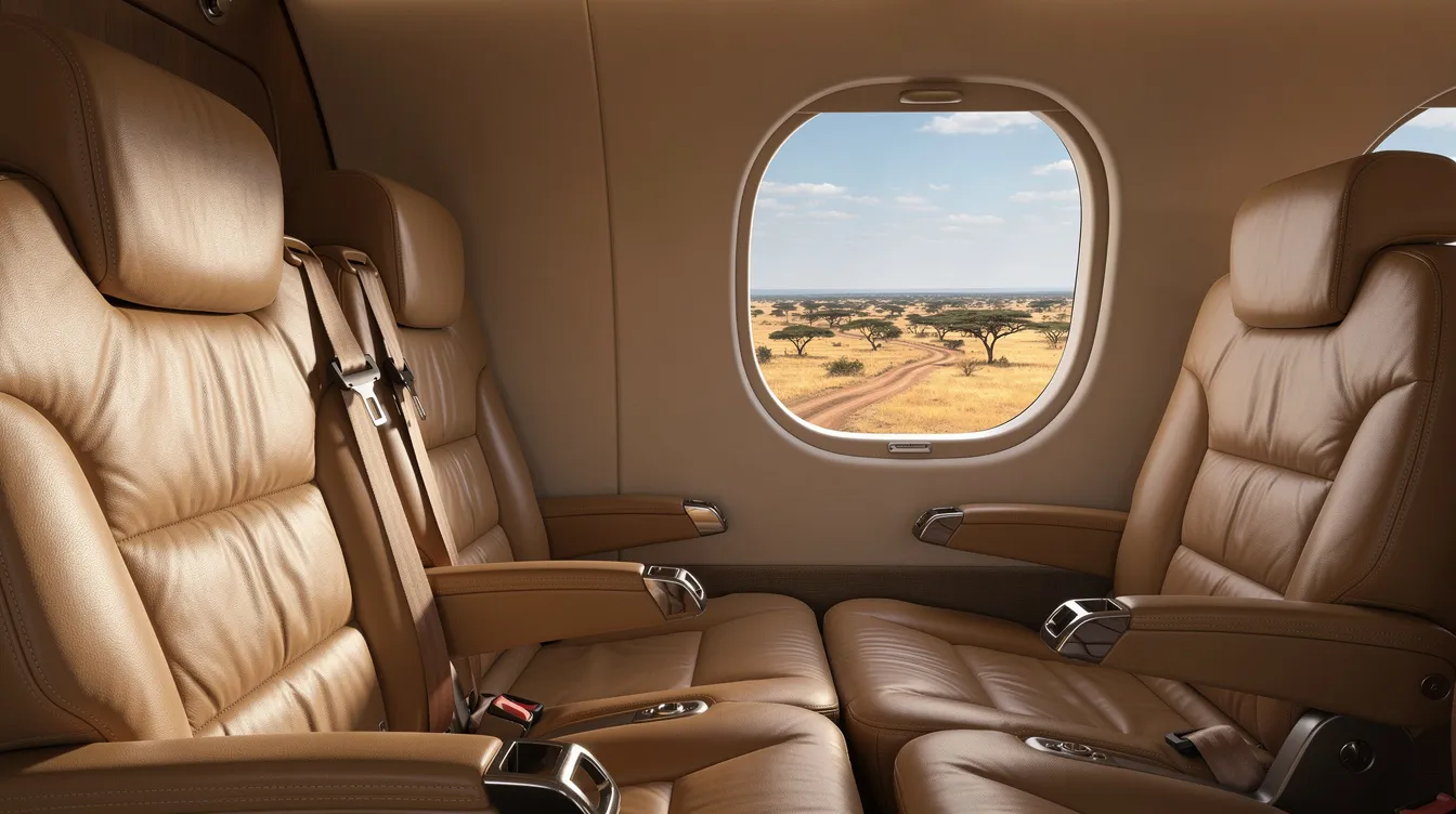 The image depicts the interior of a small private aircraft cabin, featuring plush leather seats and a window revealing a breathtaking African landscape below, showcasing the scenic views of Kenya. This setting highlights the comfort and luxury of flying, ideal for a journey from Nairobi to Isiolo.