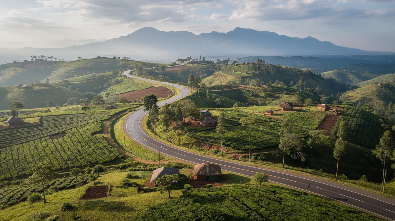 An aerial view showcases a winding paved highway traversing the lush green highlands of Kenya, with distant mountains rising majestically in the background. This scenic route connects Nairobi to Isiolo County, highlighting the beautiful landscapes that make for a memorable journey.